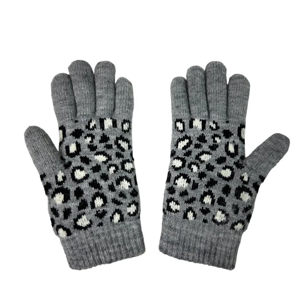 Women’s Gray Leopard Print Knit Winter Gloves Fleece Lined